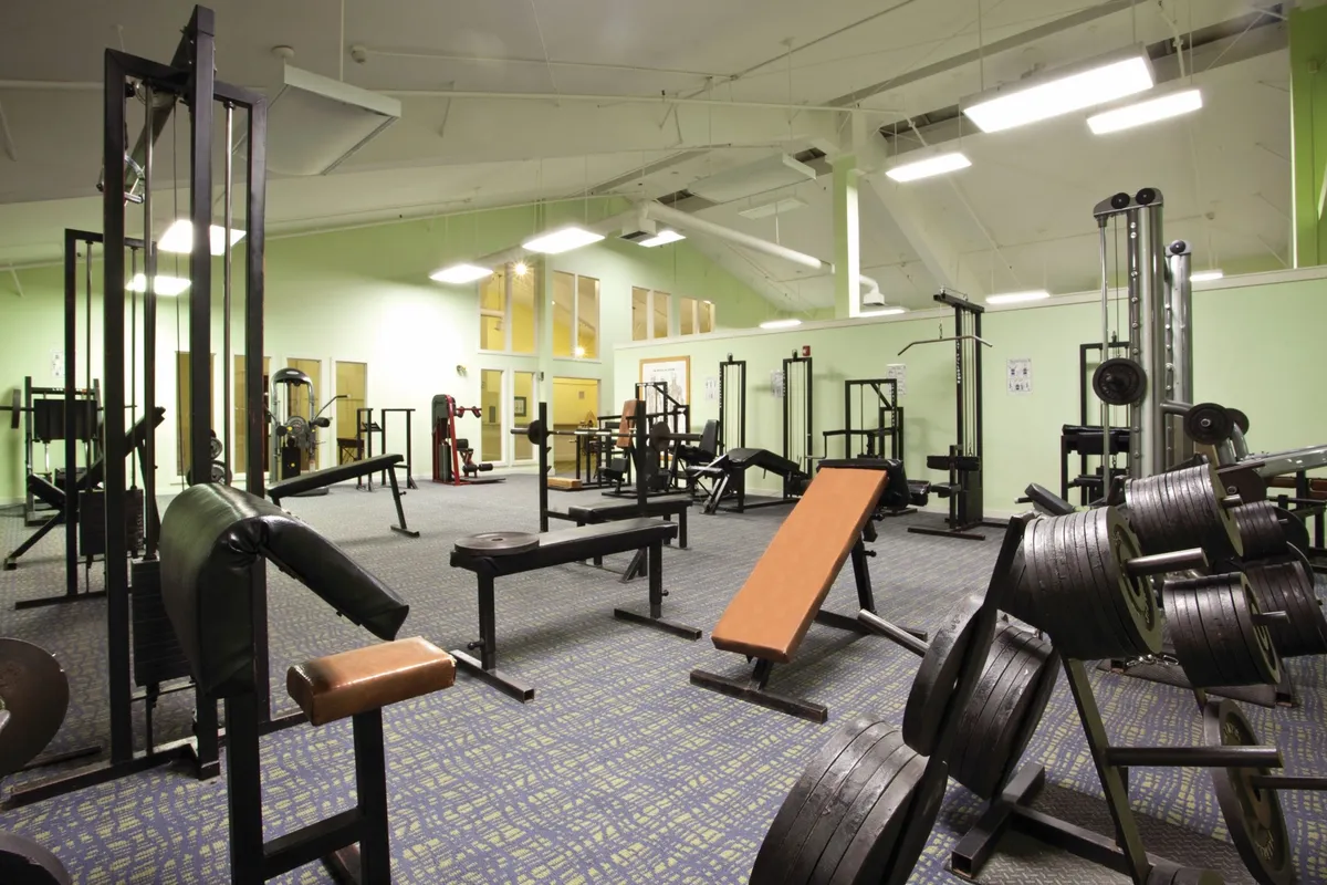 The image shows a well-equipped indoor fitness center, featuring various weightlifting equipment, benches, and exercise machines set in a bright, inviting space. The area is organized to accommodate multiple users, with enough room for both individual and group workouts.